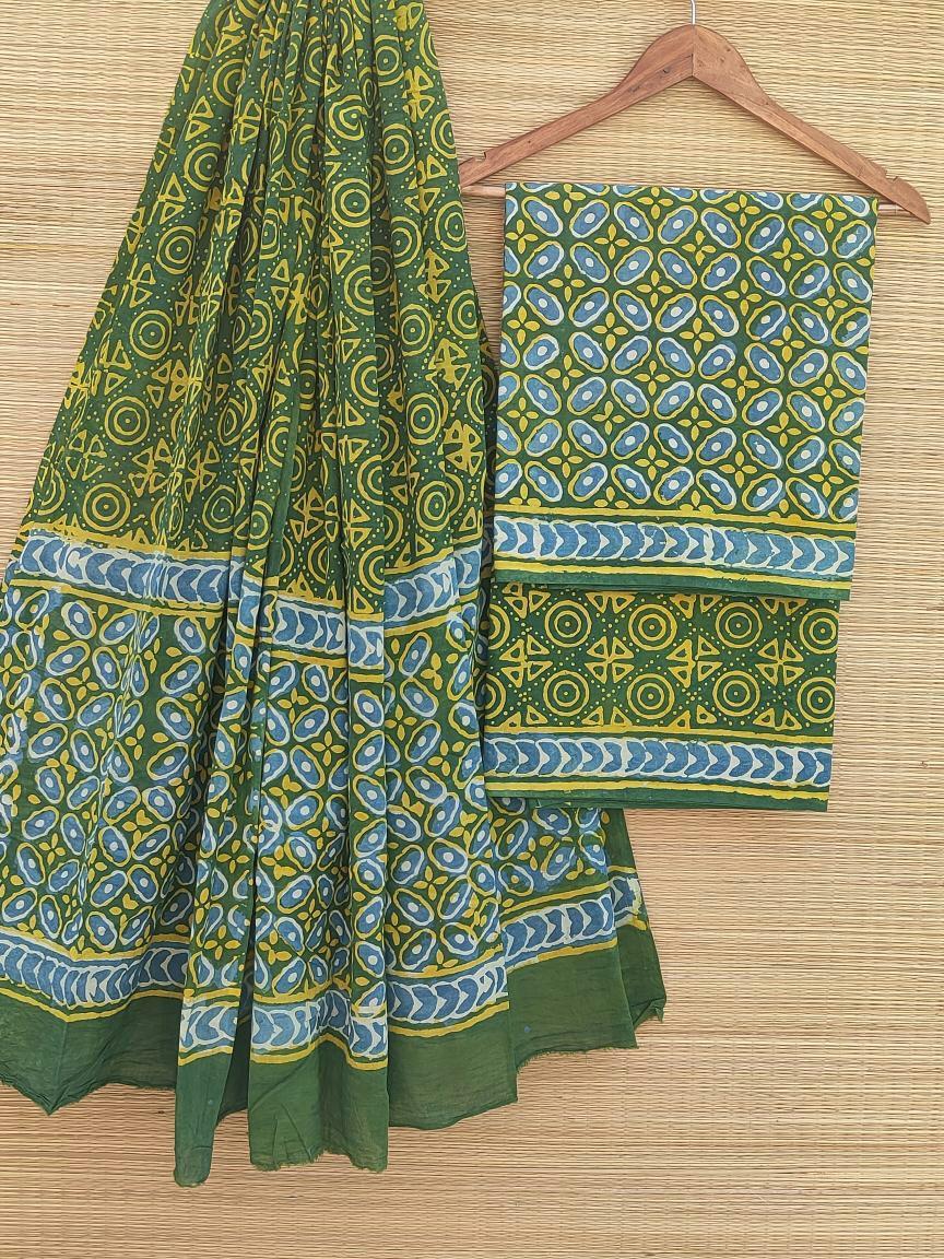 Hand Block Cotton Unstitched Salwar Suit With Cotton/Mulmul Dupatta - JBCM506