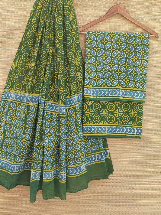 Hand Block Cotton Unstitched Salwar Suit With Cotton/Mulmul Dupatta - JBCM506