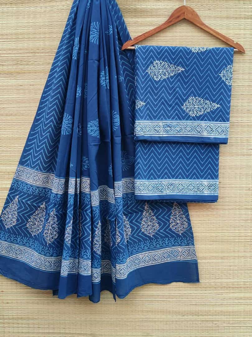 Hand Block Printed Pure Cotton Unstitched Salwar Suit Set With Cotton/Mulmul Dupatta - JBCM507
