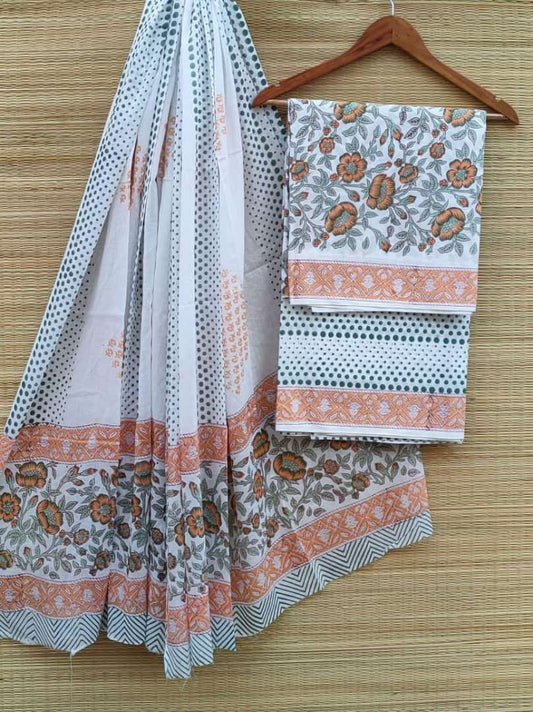 Pure Cotton Hand Block Printed Unstitched Salwar Suit Set With Cotton/Mulmul Dupatta - JBCM508