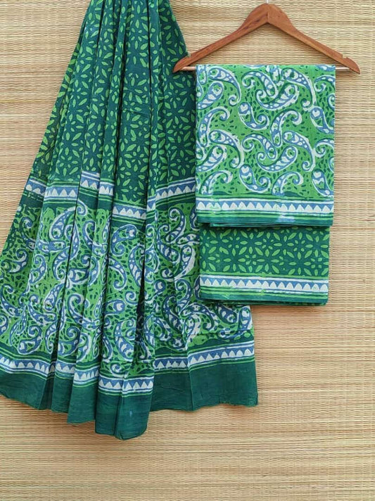 Hand Block Cotton Unstitched Salwar Suit With Cotton/Mulmul Dupatta - JBCM509