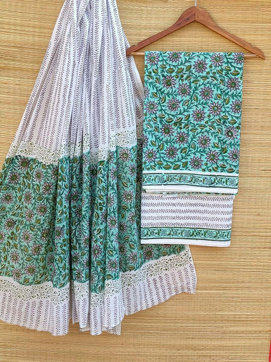 Hand Block Printed Pure Cotton Unstitched Salwar Suit Set With Cotton/Mulmul Dupatta - JBCM447