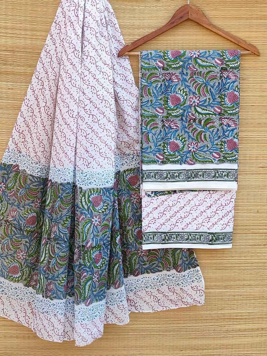 Pure Cotton Hand Block Printed Unstitched Salwar Suit Set With Cotton/Mulmul Dupatta - JB452