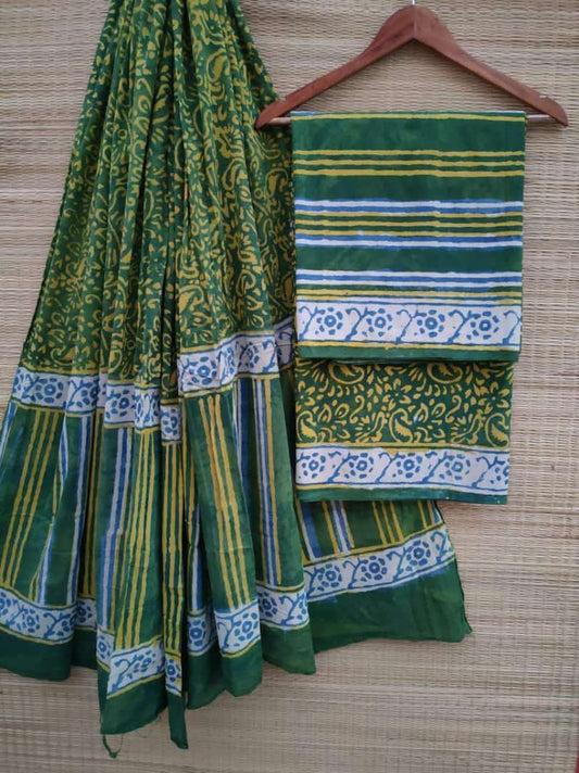Hand Block Printed Pure Cotton Unstitched Salwar Suit Set With Cotton/Mulmul Dupatta - JBCM511