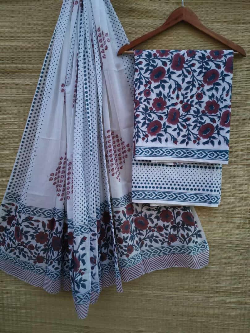 Pure Cotton Hand Block Printed Unstitched Salwar Suit Set With Cotton/Mulmul Dupatta - JBCM512