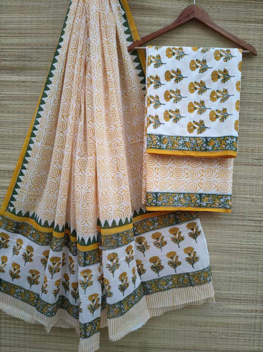 Hand Block Cotton Unstitched Salwar Suit With Cotton/Mulmul Dupatta - JBCM514