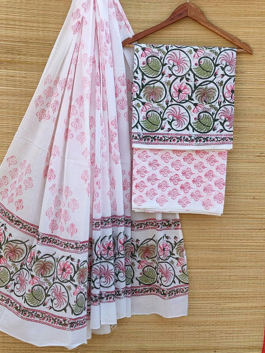 Hand Block Printed Pure Cotton Unstitched Salwar Suit Set With Cotton/Mulmul Dupatta - JBCM515