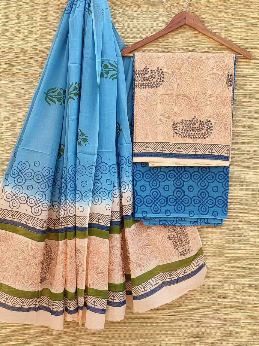 Pure Cotton Hand Block Printed Unstitched Salwar Suit Set With Cotton/Mulmul Dupatta - JBCM516