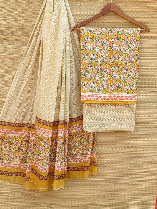 Hand Block Cotton Unstitched Salwar Suit With Cotton/Mulmul Dupatta - JB453