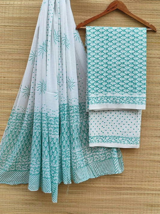 Pure Cotton Hand Block Printed Unstitched Salwar Suit Set With Cotton/Mulmul Dupatta - JBCM524