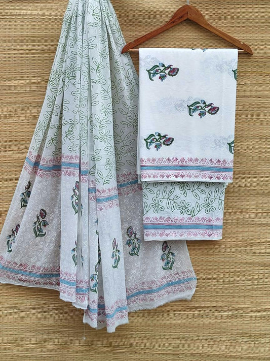 Hand Block Cotton Unstitched Salwar Suit With Cotton/Mulmul Dupatta - JBCM525