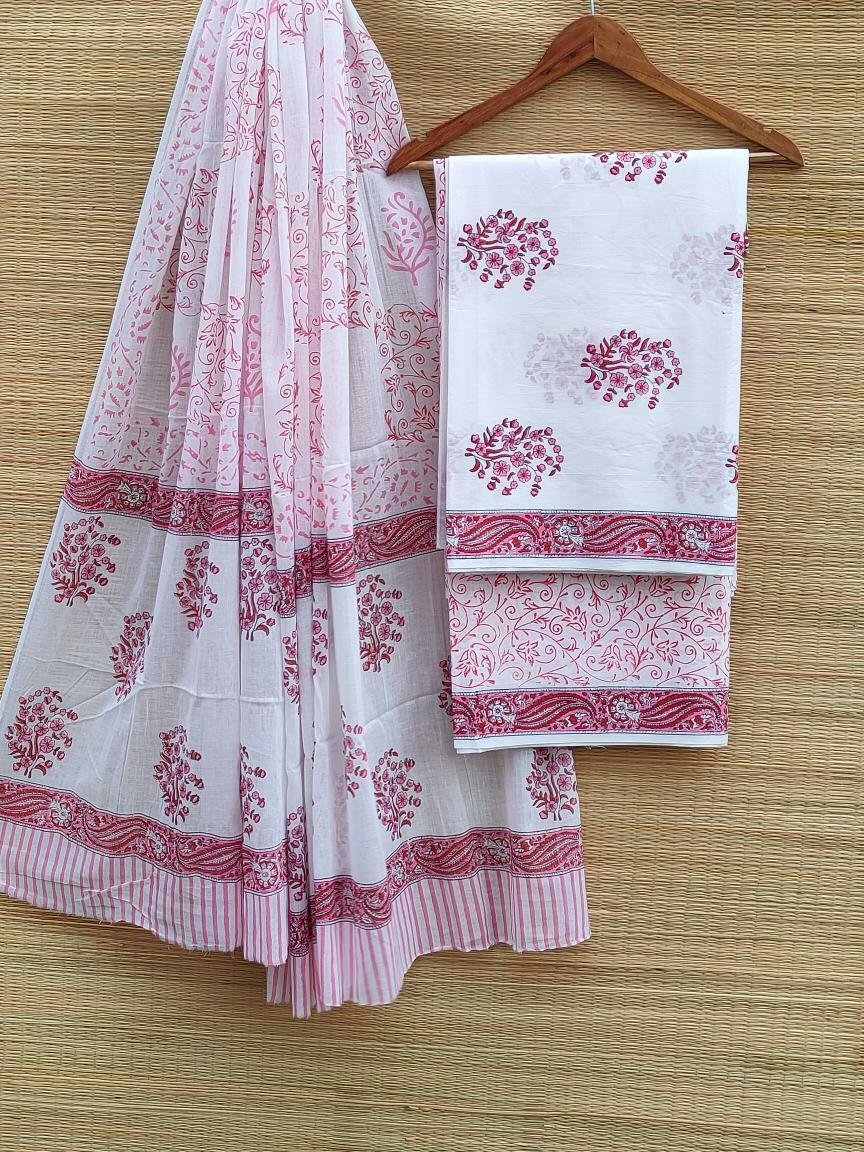 Hand Block Cotton Unstitched Salwar Suit With Cotton/Mulmul Dupatta - JBCM526