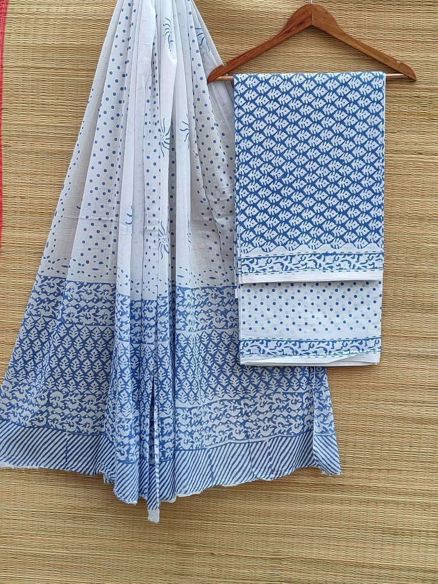 Hand Block Printed Pure Cotton Unstitched Salwar Suit Set With Cotton/Mulmul Dupatta - JBCM527