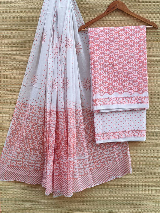 Pure Cotton Hand Block Printed Unstitched Salwar Suit Set With Cotton/Mulmul Dupatta - JBCM528