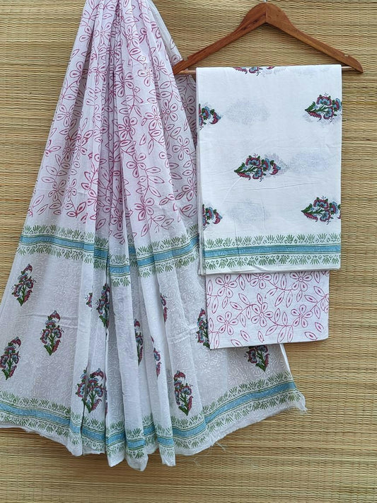 Hand Block Cotton Unstitched Salwar Suit With Cotton/Mulmul Dupatta - JBCM529
