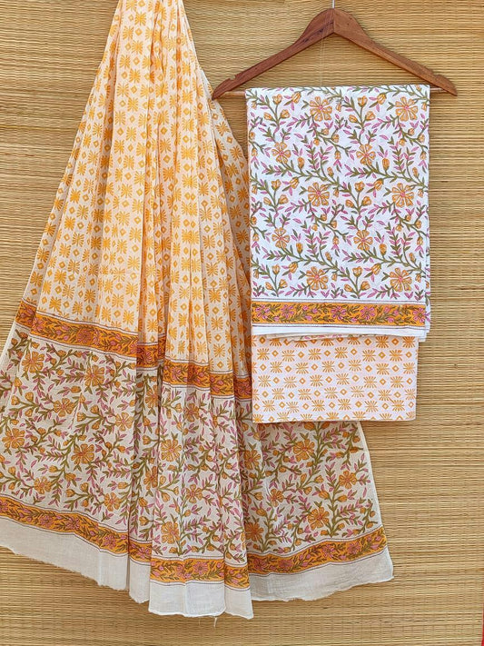 Hand Block Cotton Unstitched Salwar Suit With Cotton/Mulmul Dupatta - JBCM450