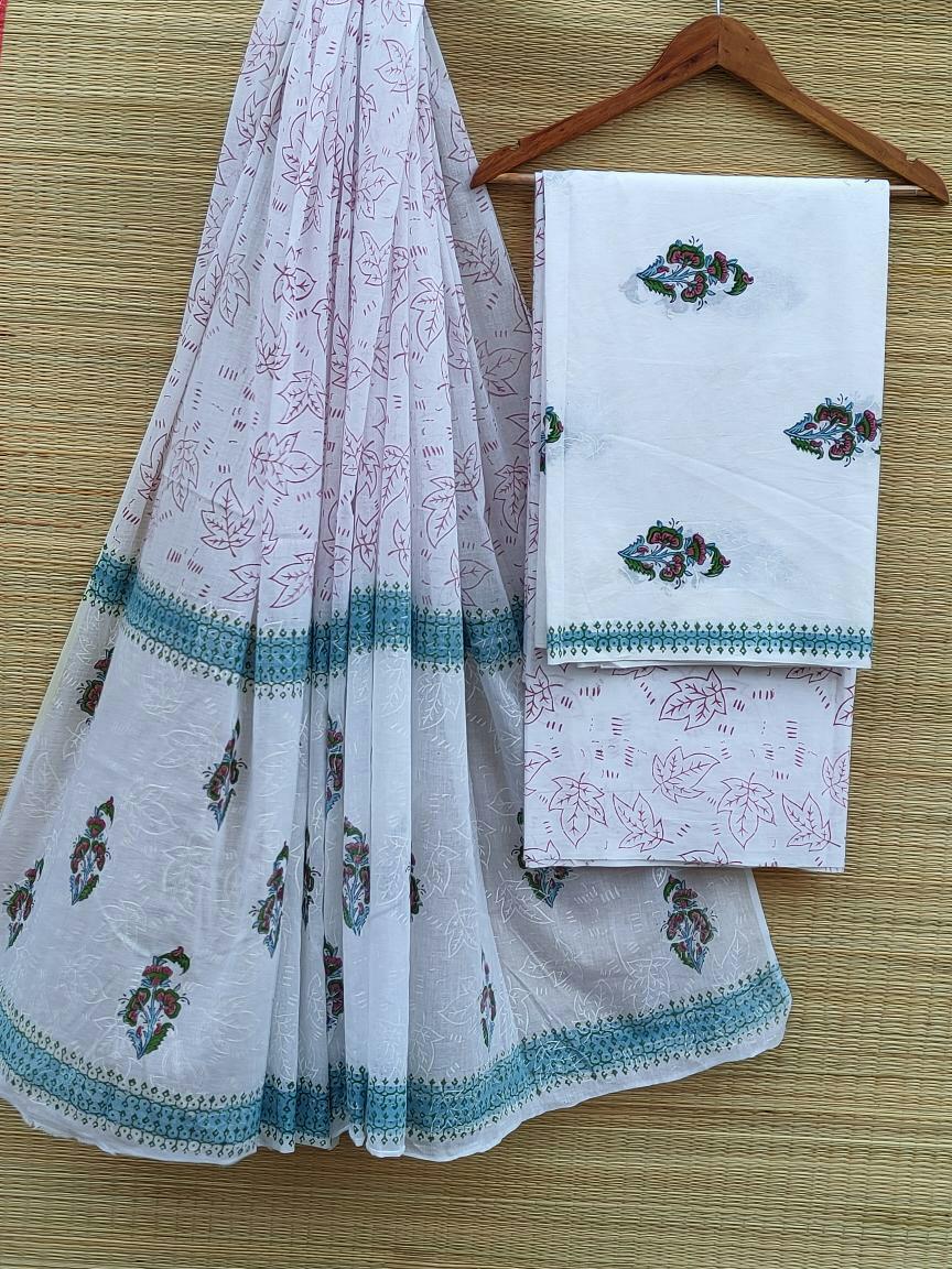 Hand Block Printed Pure Cotton Unstitched Salwar Suit Set With Cotton/Mulmul Dupatta - JBCM531