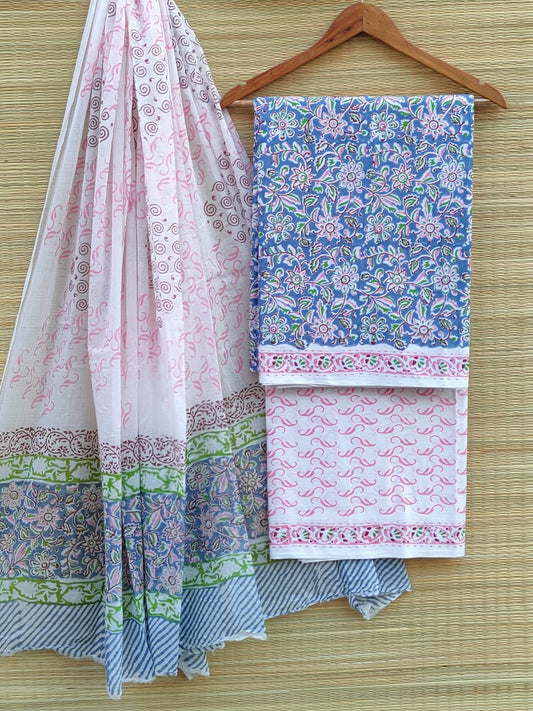 Pure Cotton Hand Block Printed Unstitched Salwar Suit Set With Cotton/Mulmul Dupatta - JBCM532