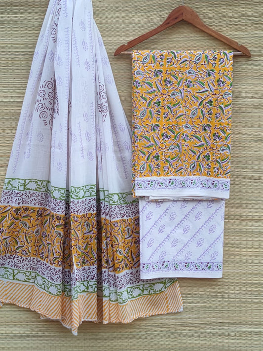 Hand Block Cotton Unstitched Salwar Suit With Cotton/Mulmul Dupatta - JBCM534