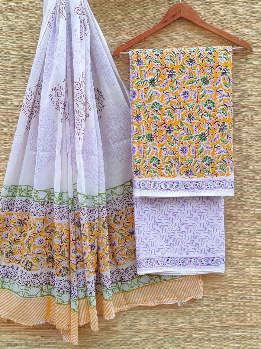 Hand Block Cotton Unstitched Salwar Suit With Cotton/Mulmul Dupatta - JBCM537