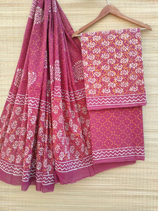 Hand Block Cotton Unstitched Salwar Suit With Cotton/Mulmul Dupatta - JBCM538