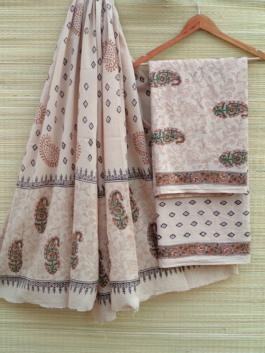 Hand Block Printed Pure Cotton Unstitched Salwar Suit Set With Cotton/Mulmul Dupatta - JBCM539
