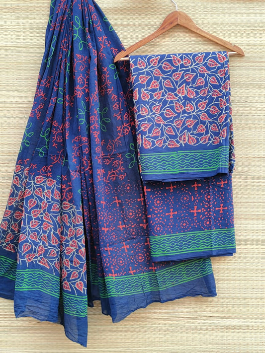 Pure Cotton Hand Block Printed Unstitched Salwar Suit Set With Cotton/Mulmul Dupatta - JBCM540