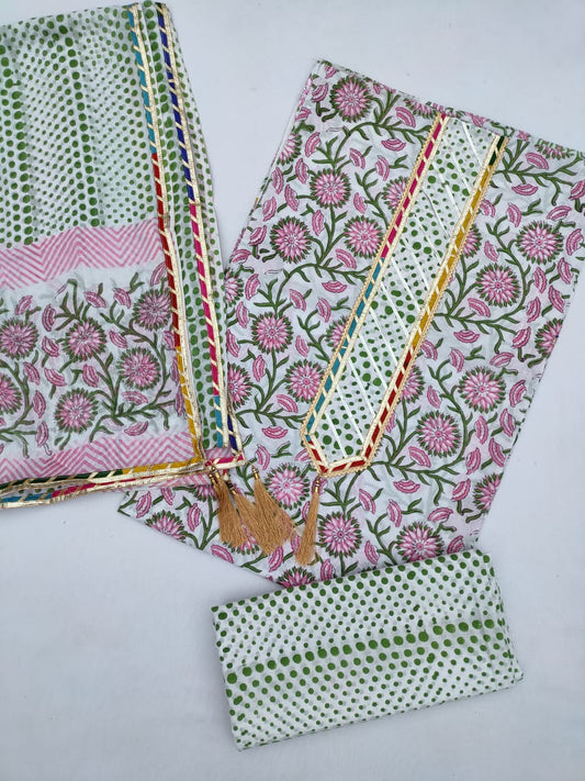 Hand Block Printed Gota Patti Suit With Cotton Dupatta- JBGP147