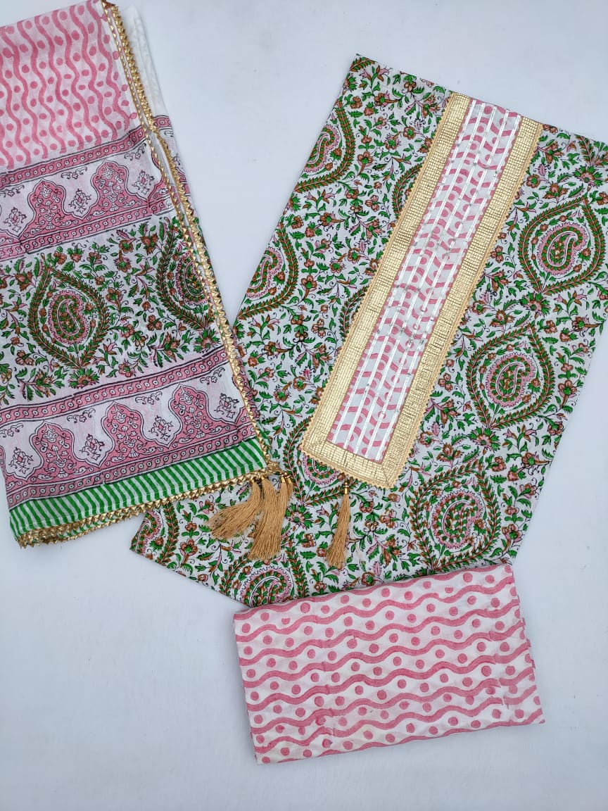 Jaipuri Cotton Hand Block Printed Gota Patti Suit with Cotton Dupatta- JBGP148
