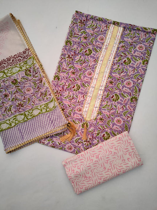 Cotton Gota Patti Hand Block Printed Salwar Suit Set With Cotton Dupatta- JBGP153