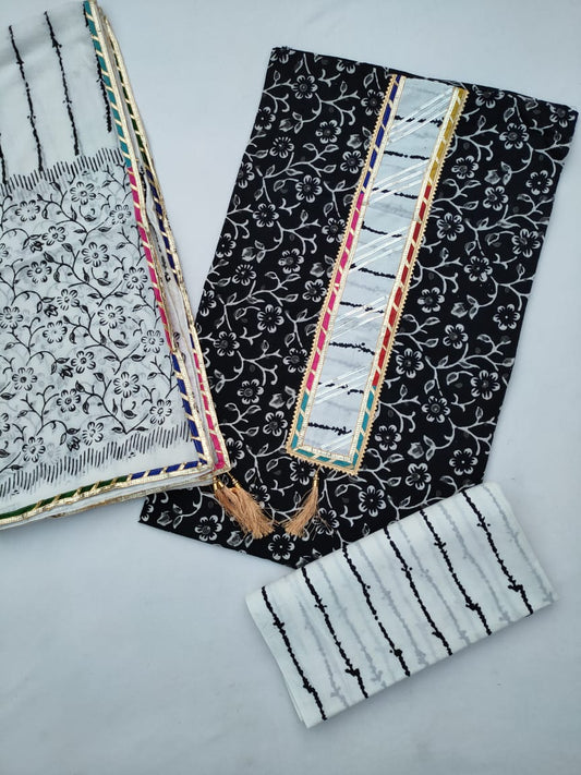 Jaipuri Cotton Hand Block Printed Gota Patti Suit with Cotton Dupatta- JBGP156