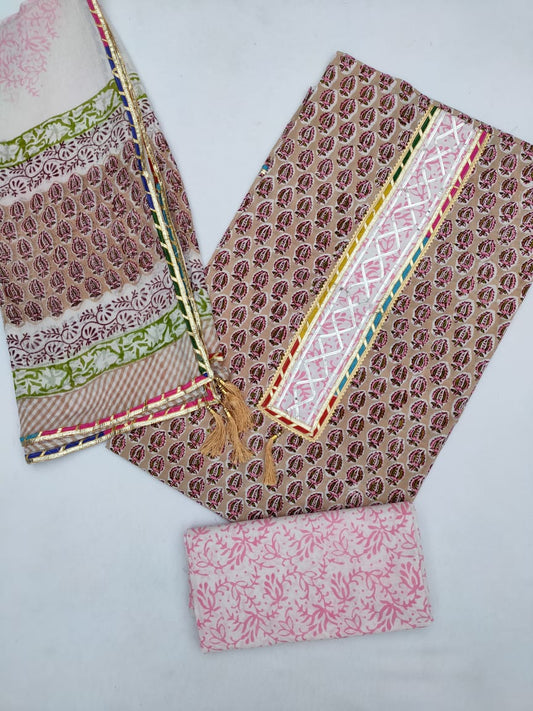 Cotton Gota Patti Hand Block Printed Salwar Suit Set With Cotton Dupatta- JBGP157