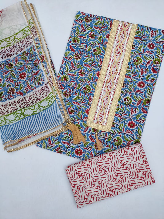 Hand Block Printed Gota Patti Suit With Cotton Dupatta- JBGP159