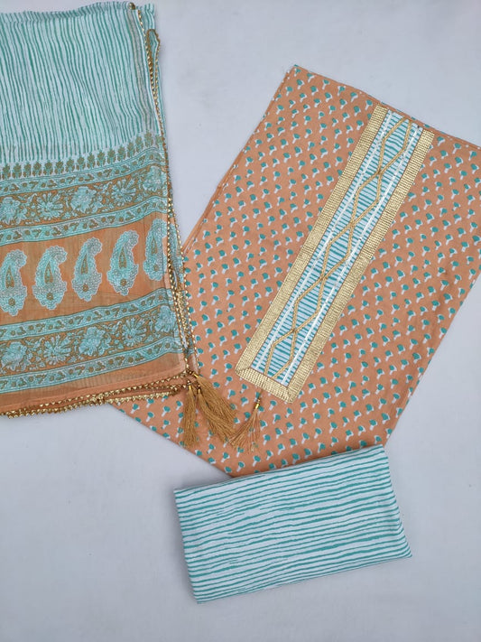Jaipuri Cotton Hand Block Printed Gota Patti Suit with Cotton Dupatta- JBGP160