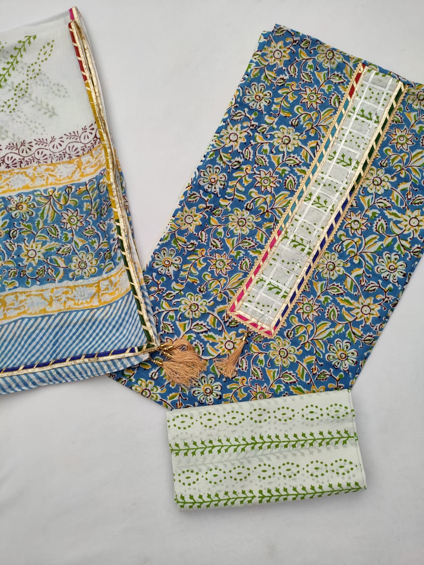 Cotton Gota Patti Hand Block Printed Salwar Suit Set With Cotton Dupatta- JBGP161