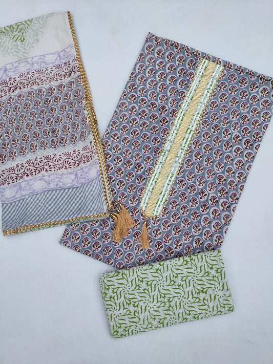 Cotton Hand Block Printed Gota Patti Suit with Cotton Dupatta- JBGP162