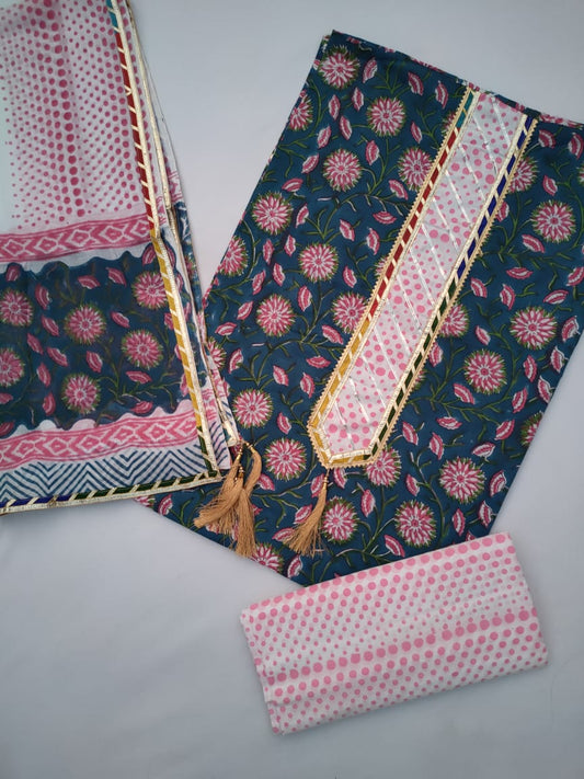 Hand Block Printed Gota Patti Suit With Cotton Dupatta- JBGP163