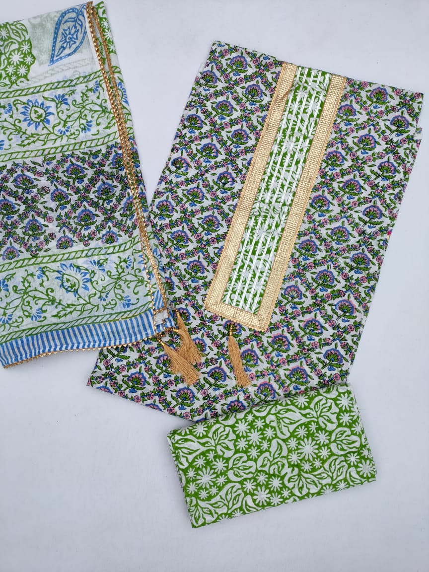 Jaipuri Cotton Hand Block Printed Gota Patti Suit with Cotton Dupatta- JBGP164