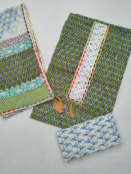 Jaipuri Cotton Hand Block Printed Gota Patti Suit with Cotton Dupatta- JBGP168