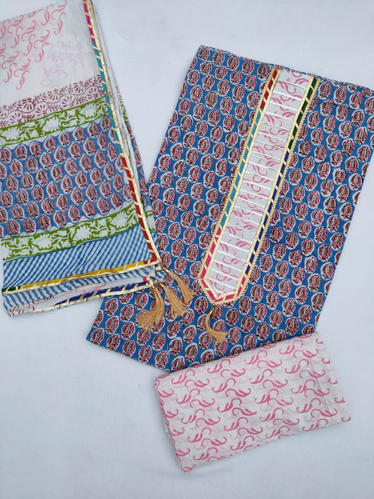 Cotton Gota Patti Hand Block Printed Salwar Suit Set With Cotton Dupatta- JBGP173