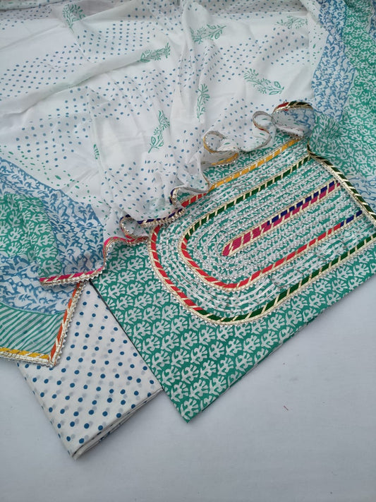 Cotton Hand Block Printed Gota Patti Salwar Suit Set With Cotton Dupatta- JBGP10
