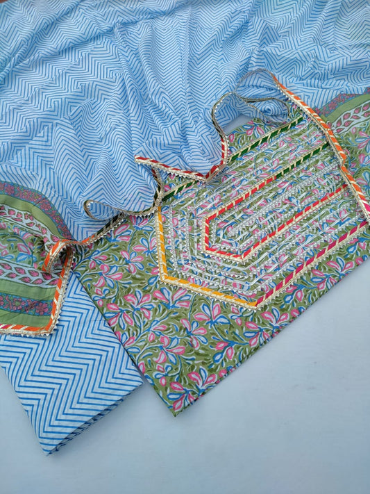 Cotton Hand Block Printed Gota Patti Suit with Cotton Dupatta- JBGP11