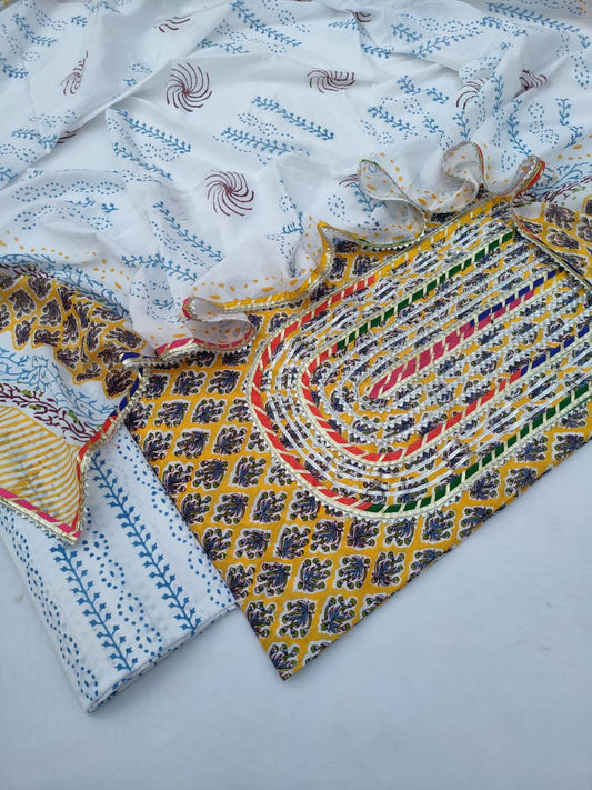 Hand Block Printed Gota Patti Suit With Cotton Dupatta- JBGP12