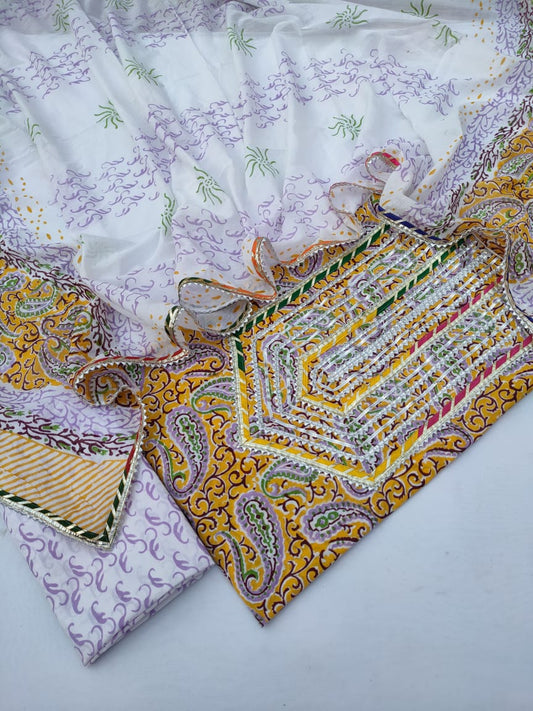 Jaipuri Cotton Hand Block Printed Gota Patti Suit with Cotton Dupatta- JBGP13