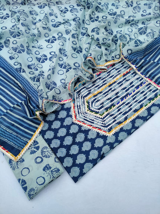 Cotton Hand Block Printed Gota Patti Salwar Suit Set With Cotton Dupatta- JBGP15