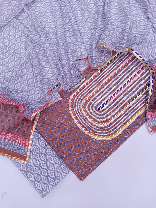 Hand Block Printed Gota Patti Suit With Cotton Dupatta- JBGP2