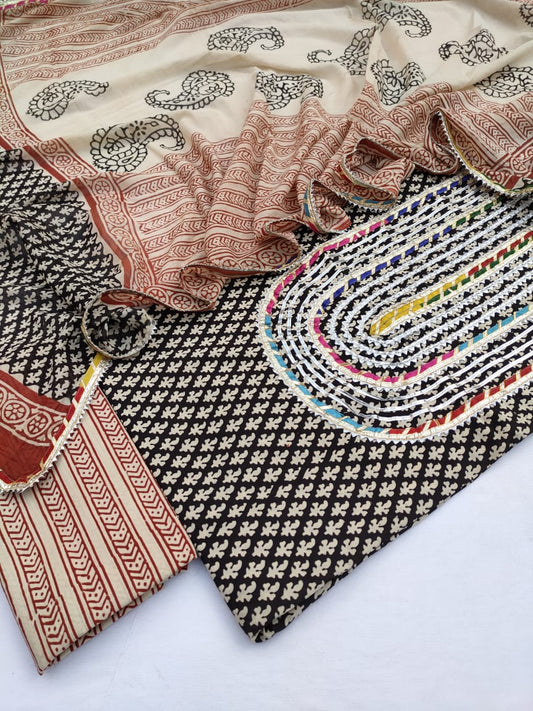 Cotton Hand Block Printed Gota Patti Salwar Suit Set With Cotton Dupatta- JBGP25