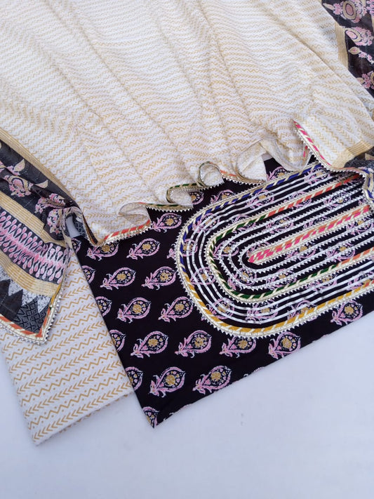 Hand Block Printed Gota Patti Suit With Cotton Dupatta- JBGP7