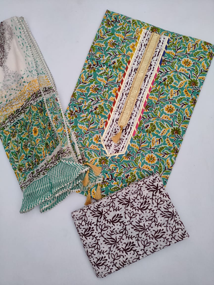 Cotton Hand Block Printed Gota Patti Salwar Suit Set With Chiffon Dupatta- JBGP87