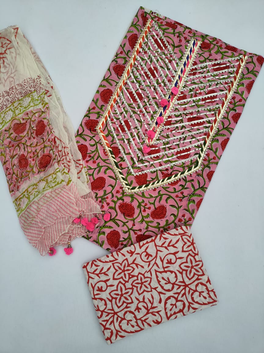 Jaipuri Cotton Hand Block Printed Gota Patti Suit with Chiffon Dupatta- JBGP88